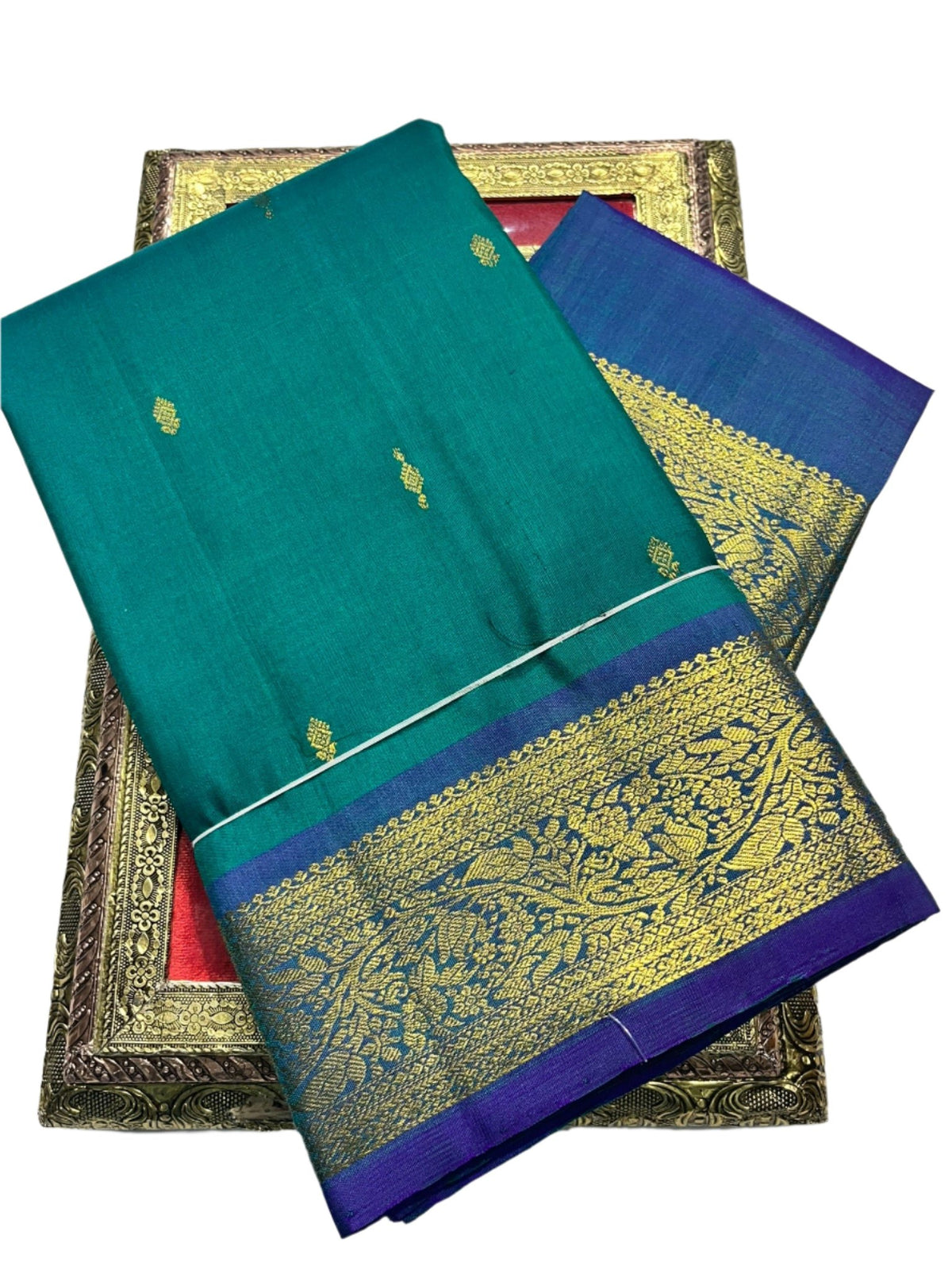 Sea Green Kanjivaram Saree with Electric Blue Border - MIRASILKS Sea Green Kanjivaram Saree with Electric Blue Border 