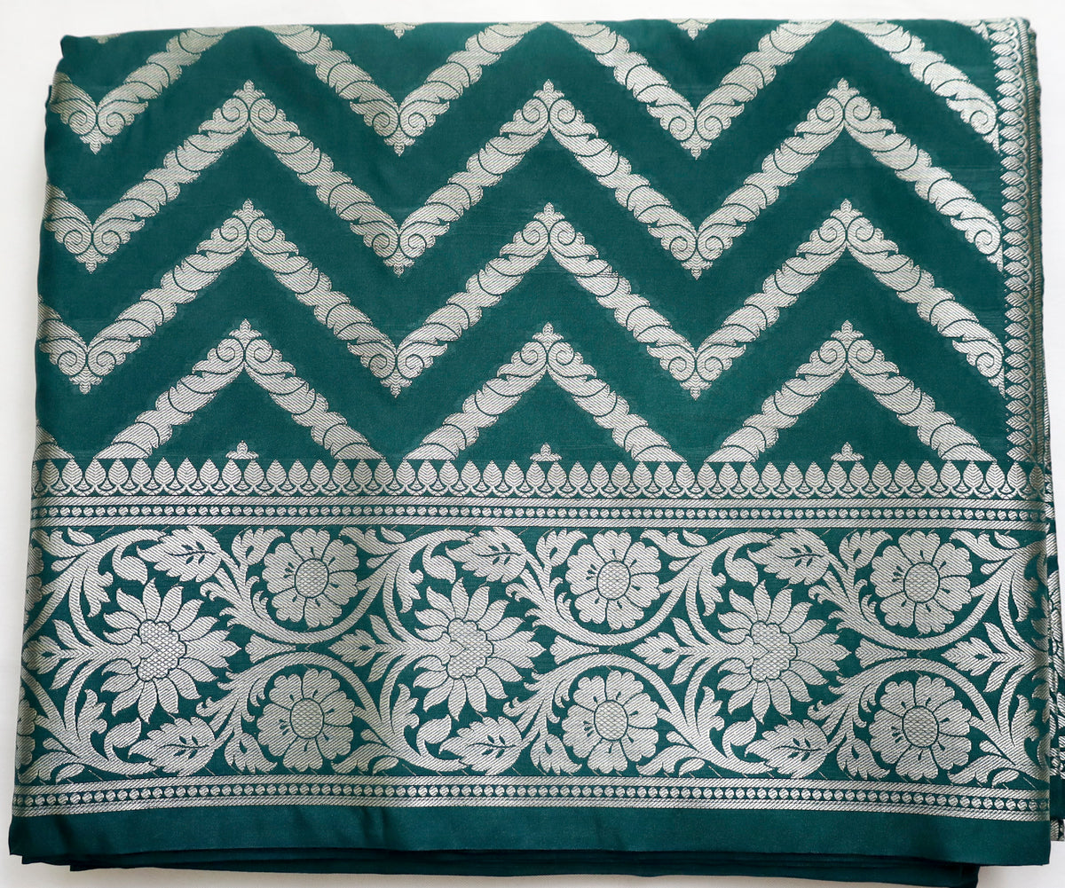 Peacock Green Semi Banaras saree with silver design border