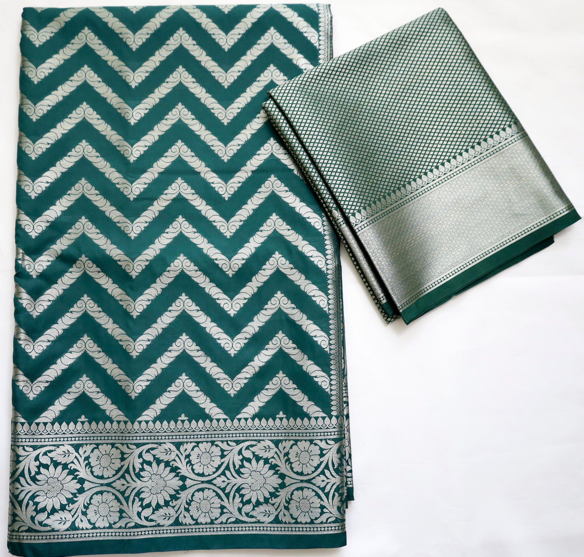 Peacock Green Semi Banaras saree with silver design border