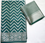 Peacock Green Semi Banaras saree with silver design border