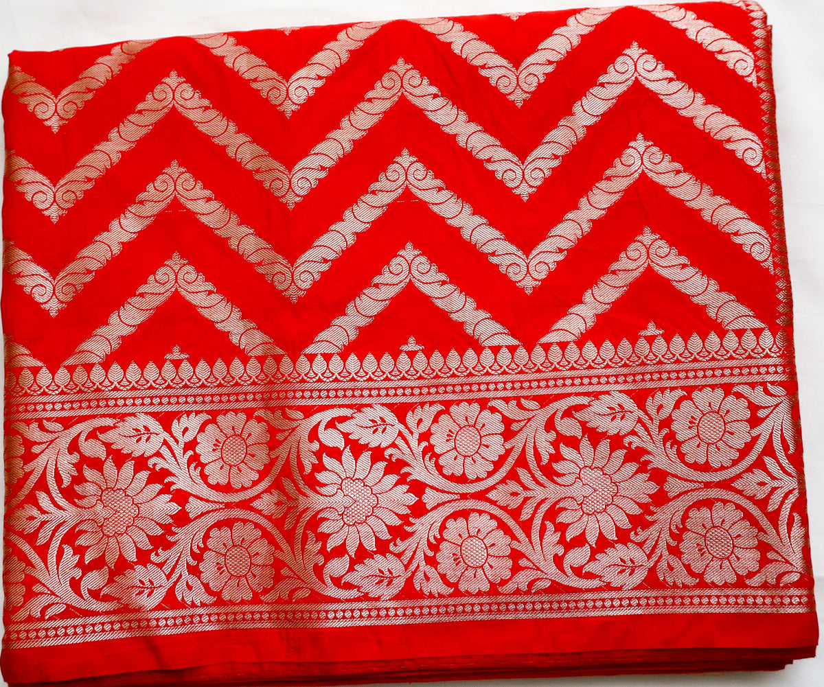Chilli Red Semi Banaras saree with silver design border