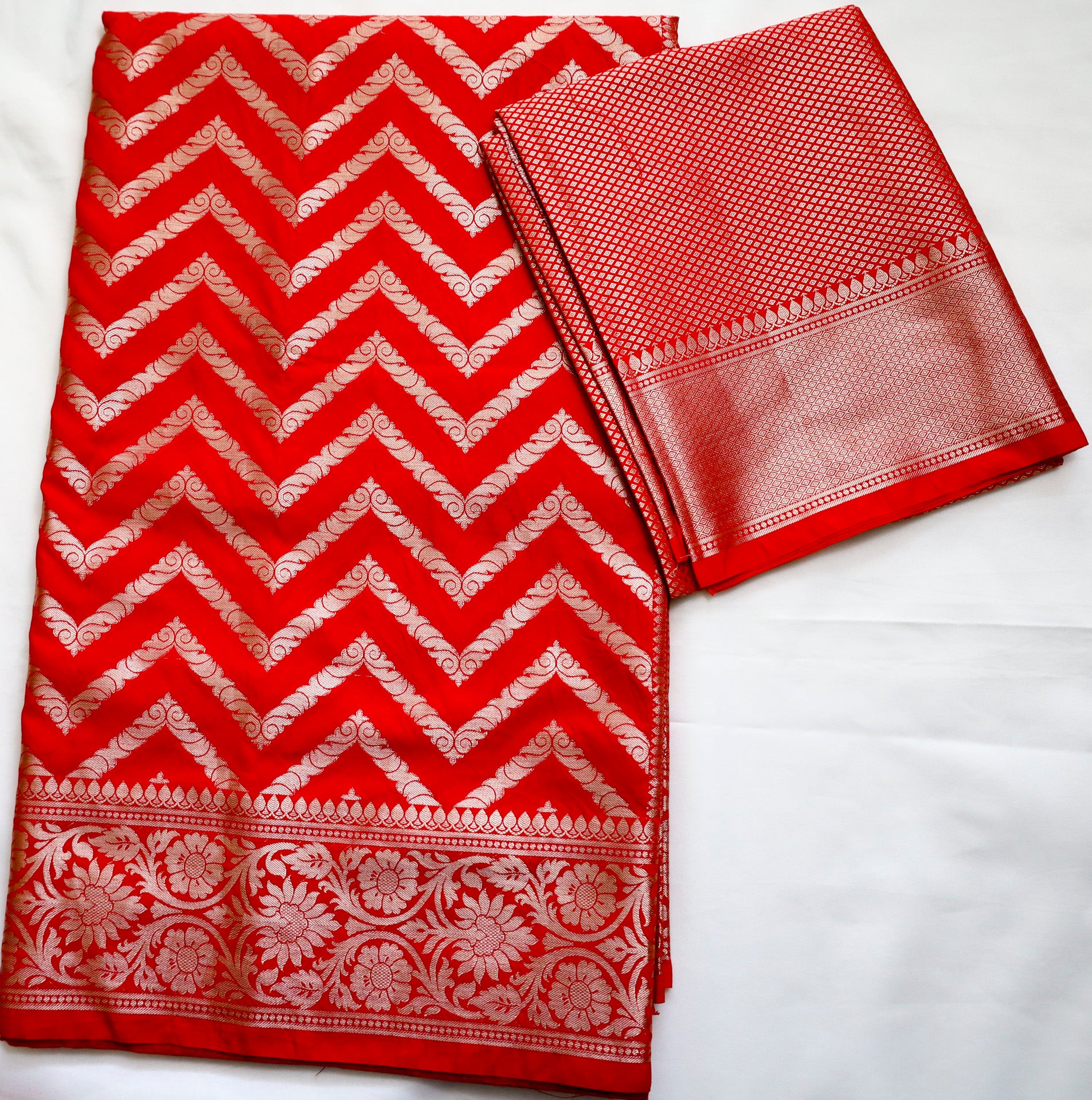 Chilli Red Semi Banaras saree with silver design border
