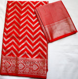 Chilli Red Semi Banaras saree with silver design border