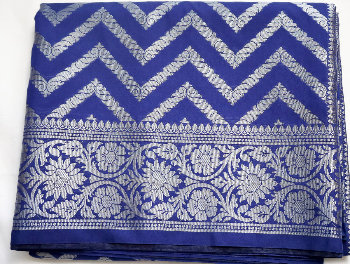 Dark Navy Blue Semi Banaras saree with silver design border