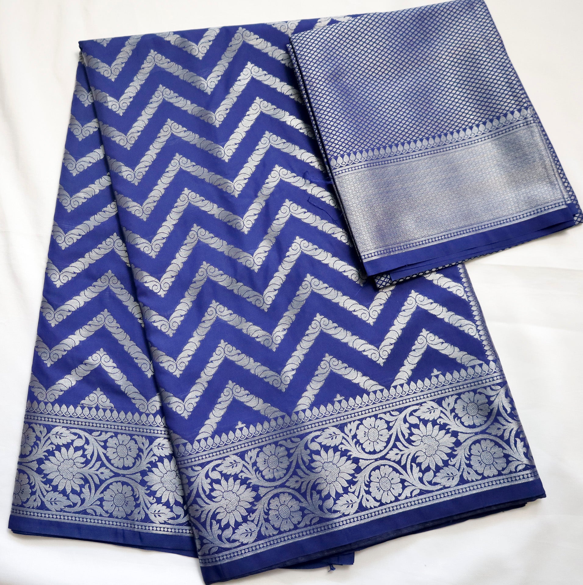 Dark Navy Blue Semi Banaras saree with silver design border