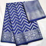 Dark Navy Blue Semi Banaras saree with silver design border