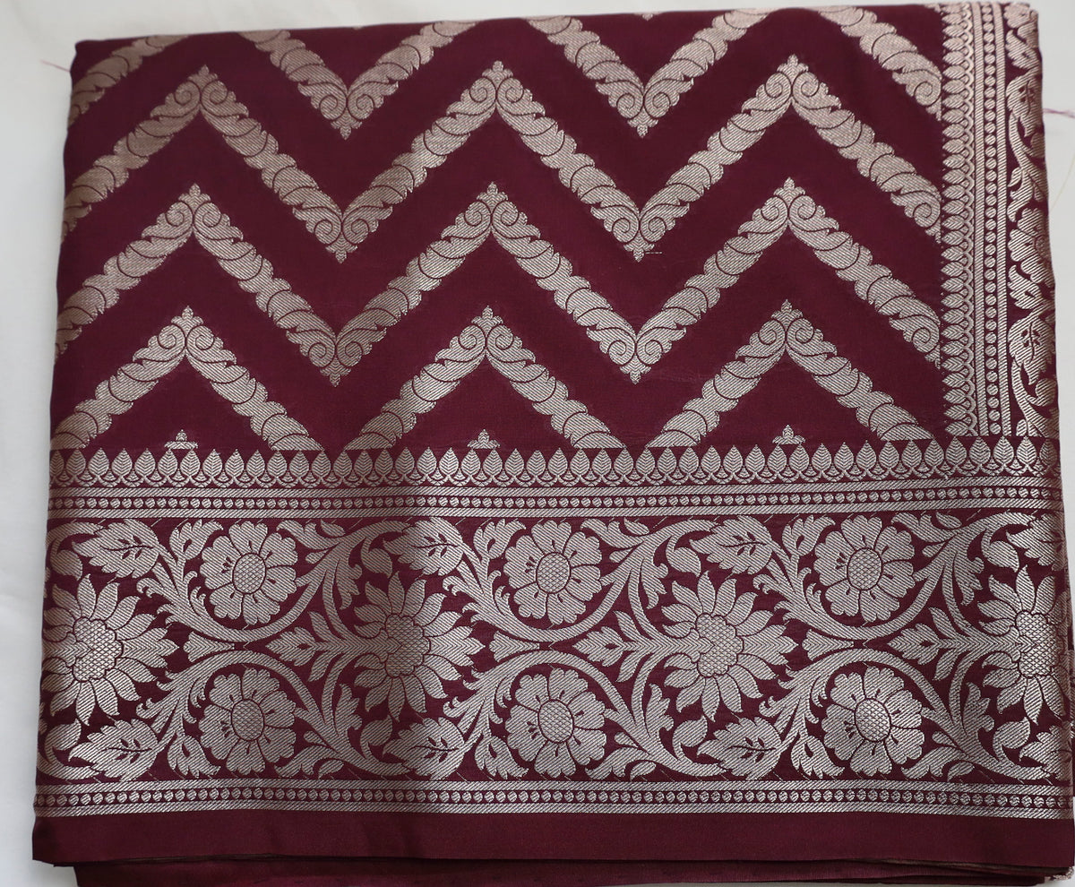 Maroon Semi Banaras saree with silver design border