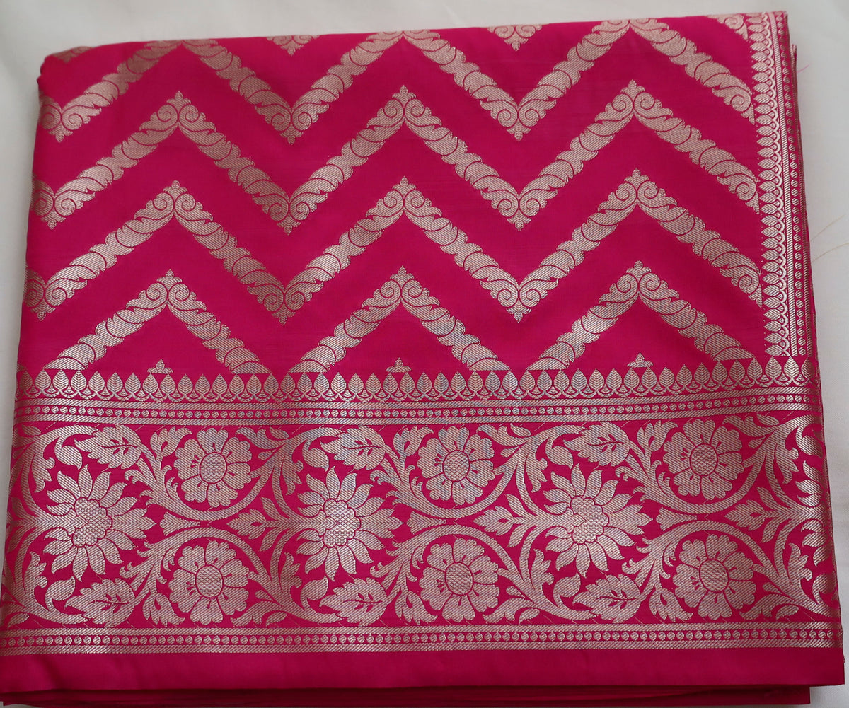 Dark Pink Semi Banaras saree with silver design border