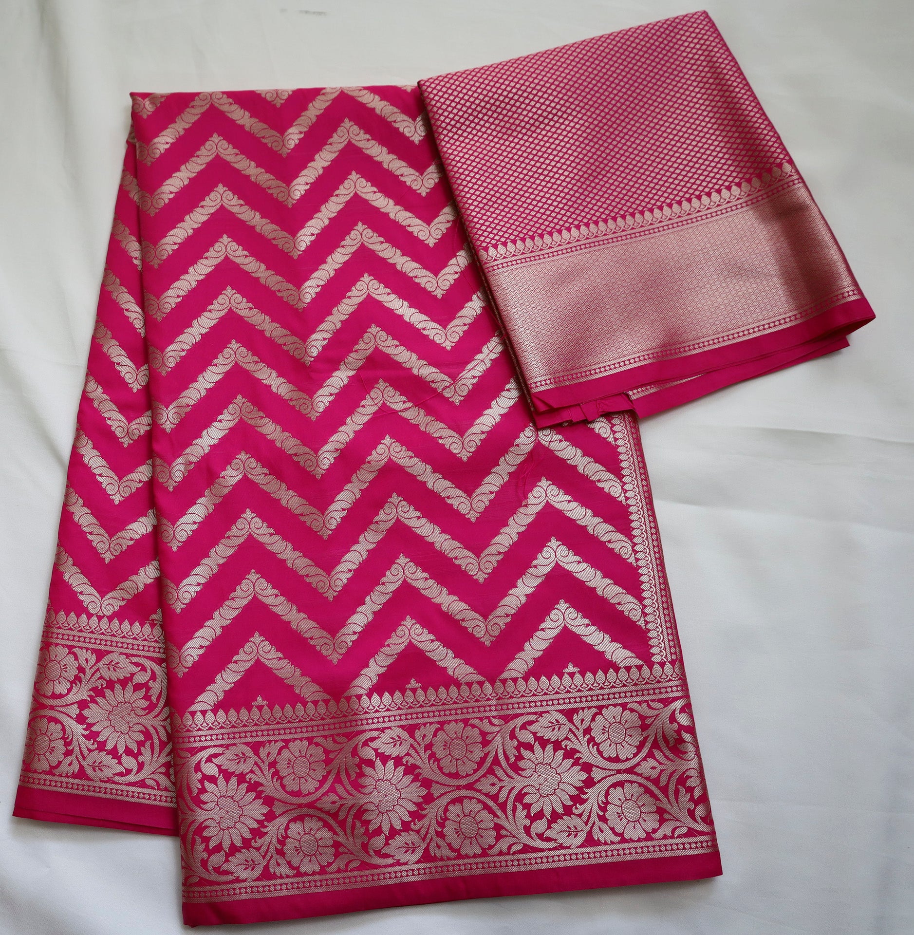 Dark Pink Semi Banaras saree with silver design border