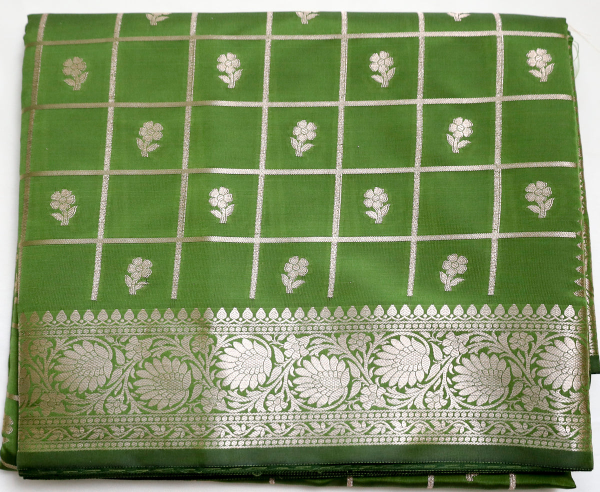 Parrot Green Semi Banaras saree with silver design border