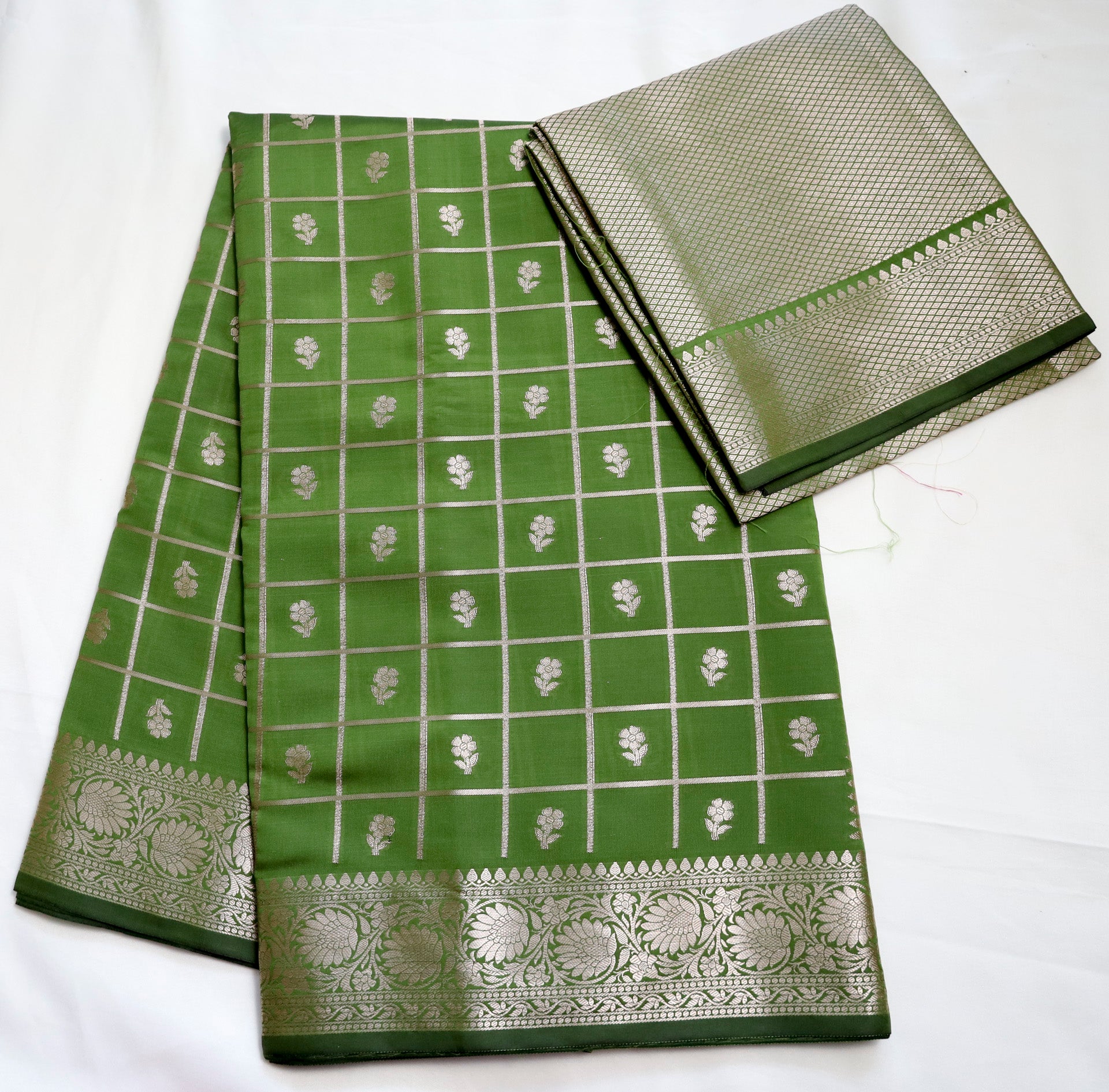 Parrot Green Semi Banaras saree with silver design border