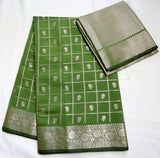 Parrot Green Semi Banaras saree with silver design border