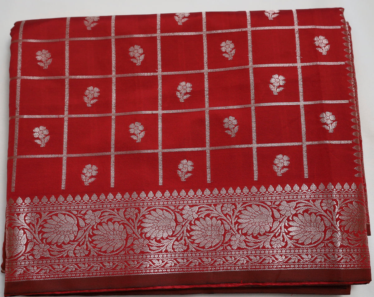 Red Semi Banaras saree with silver design border