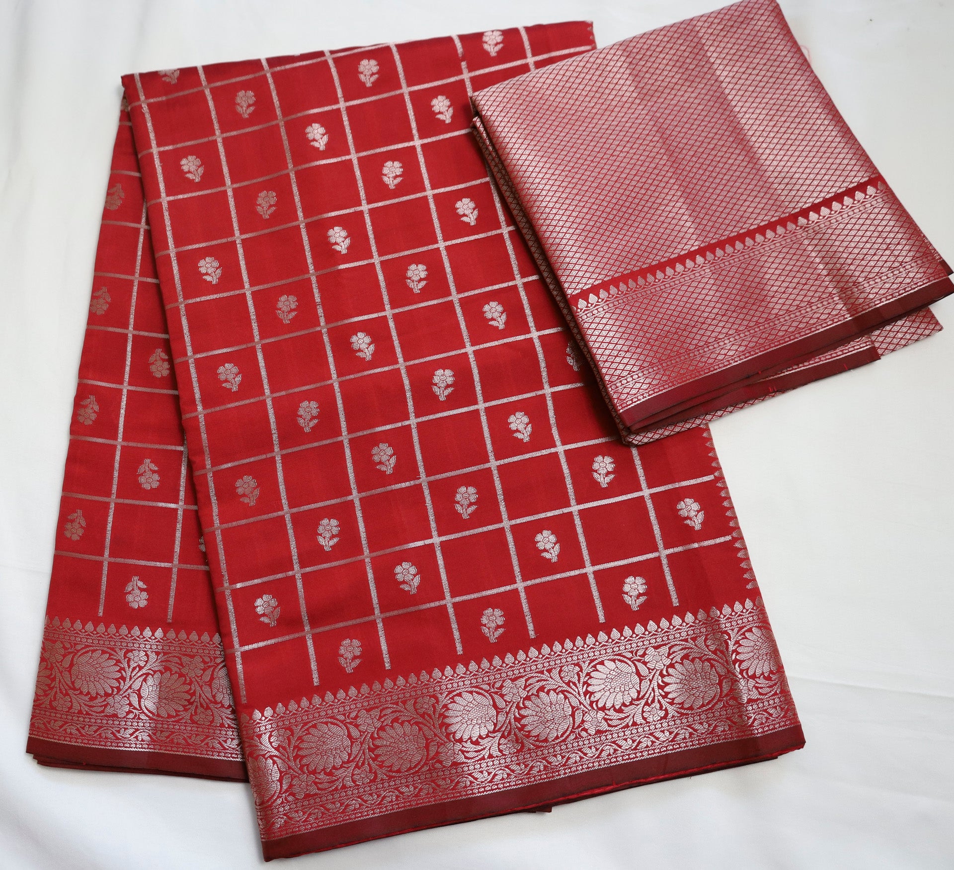 Red Semi Banaras saree with silver design border
