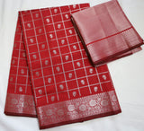 Red Semi Banaras saree with silver design border