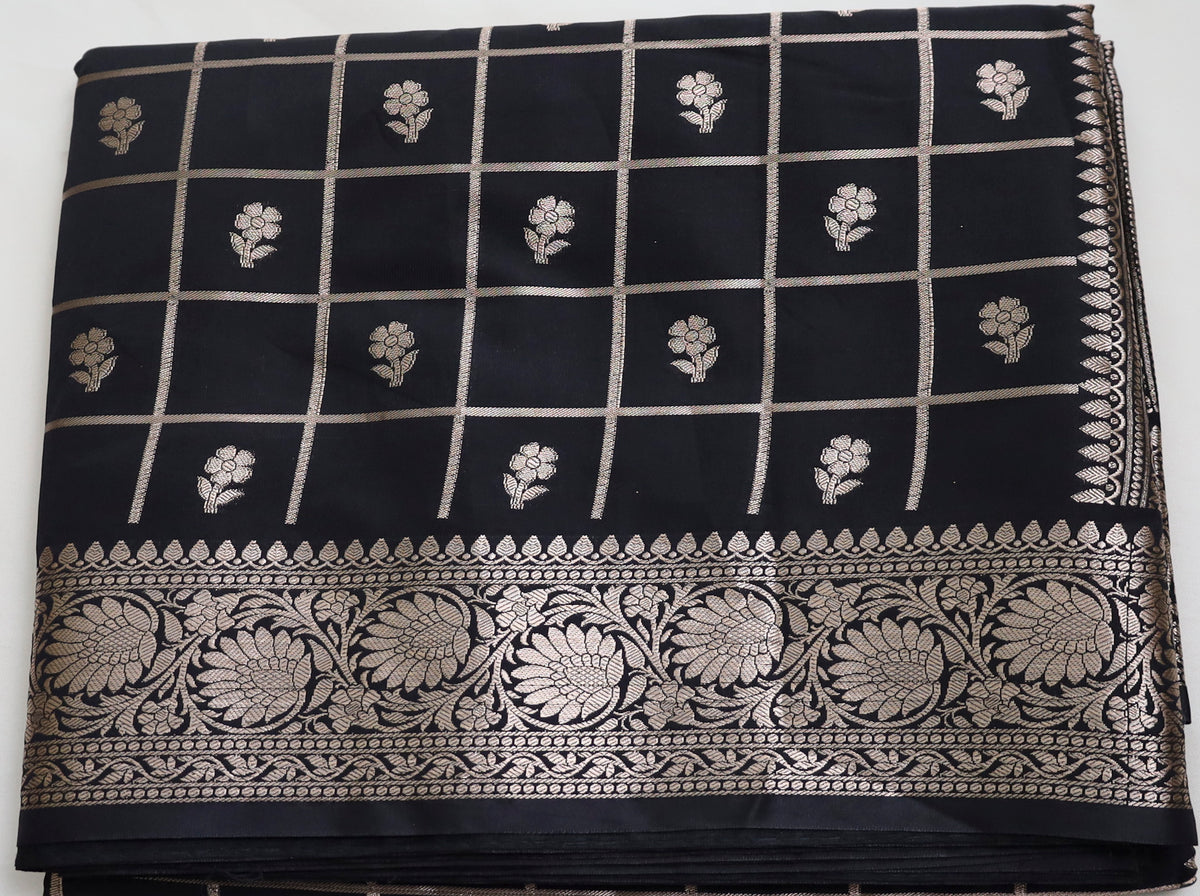 Black Semi Banaras saree with silver design border