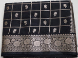 Black Semi Banaras saree with silver design border