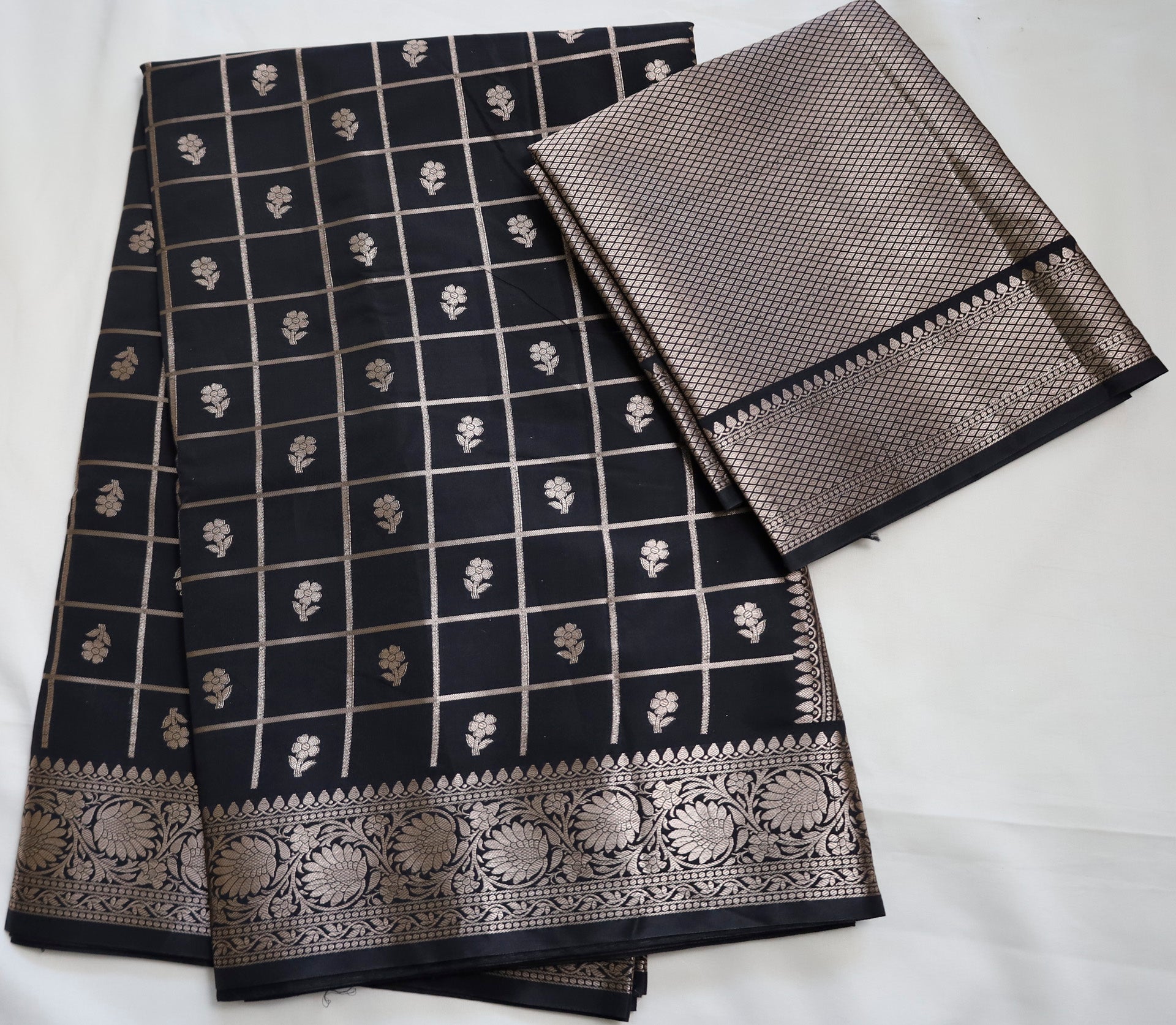 Black Semi Banaras saree with silver design border