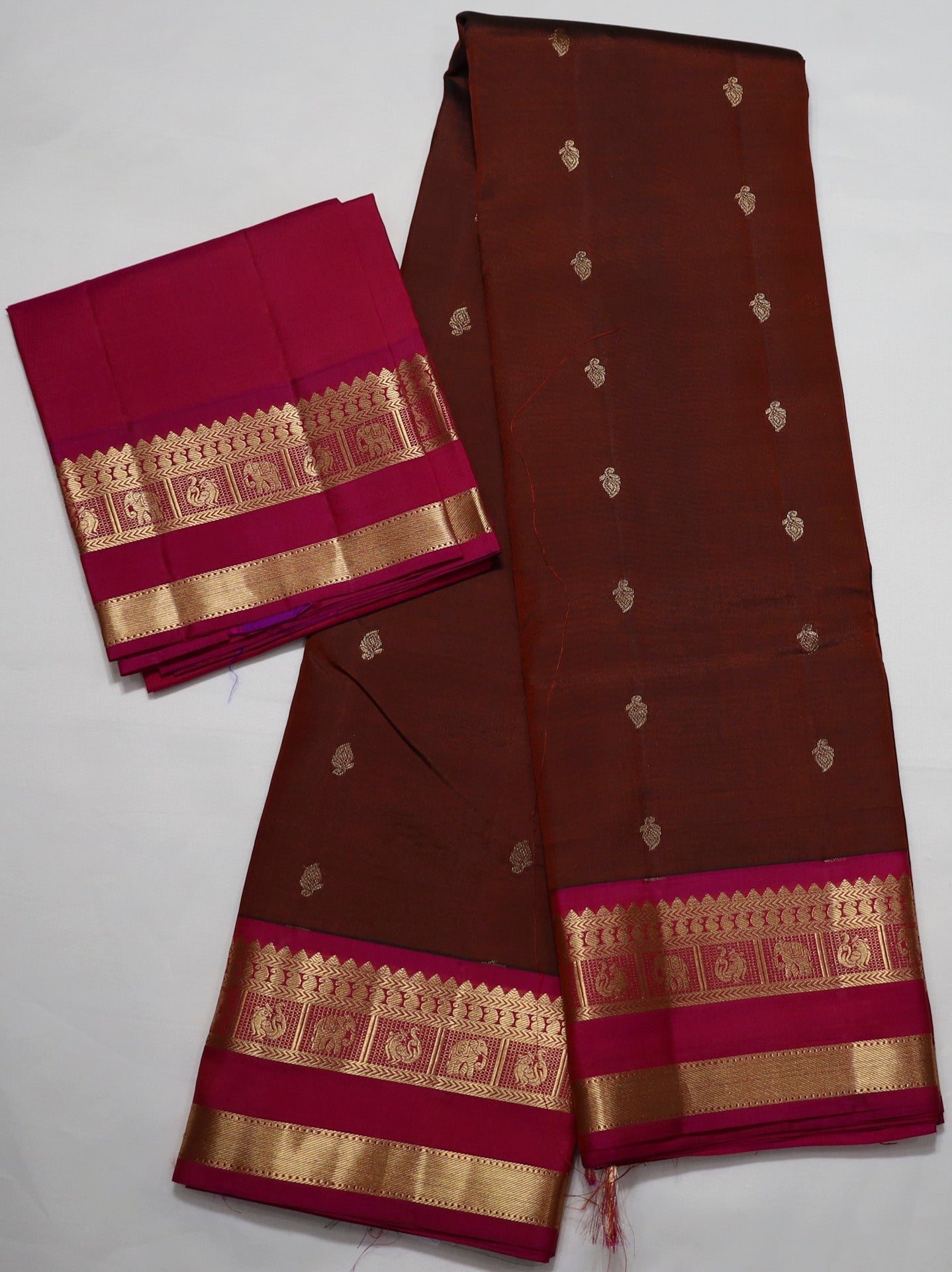 Brown  Kanjivaram Saree with Blush Pink and Golden Zari Border