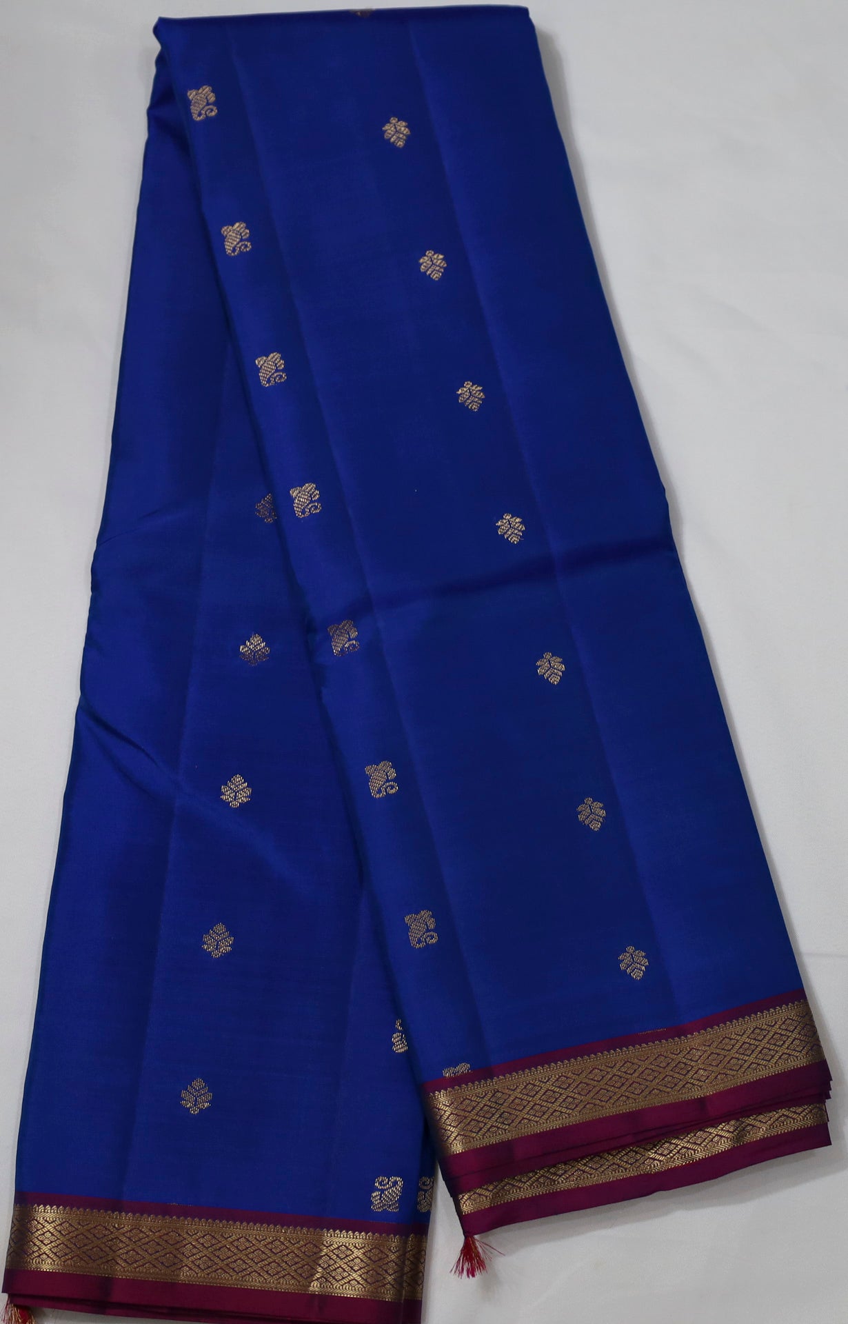 Royal Blue Kanjivaram Saree with  Purple and Golden Zari Border