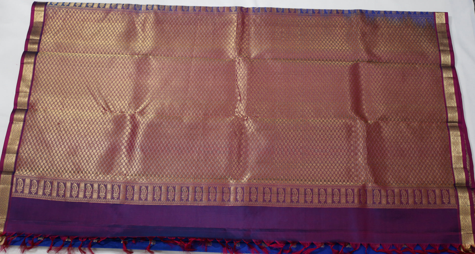 Royal Blue Kanjivaram Saree with  Purple and Golden Zari Border