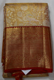 Wedding Golden Zari Kanjivaram Saree with Red Border