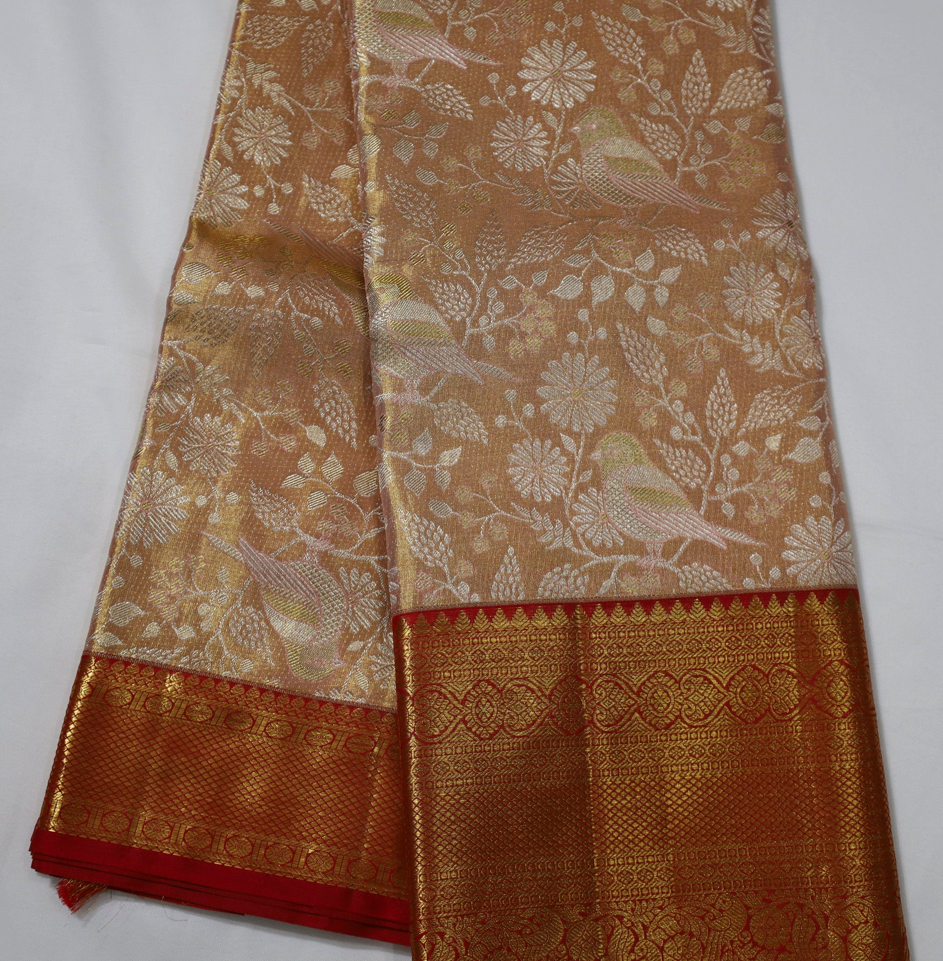 Wedding Golden Zari Kanjivaram Saree with Red Border