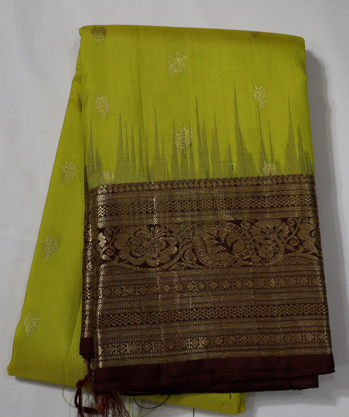 Parrot Green  Kanjivaram Saree with Dark Brown Golden Zari Border