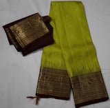 Parrot Green  Kanjivaram Saree with Dark Brown Golden Zari Border