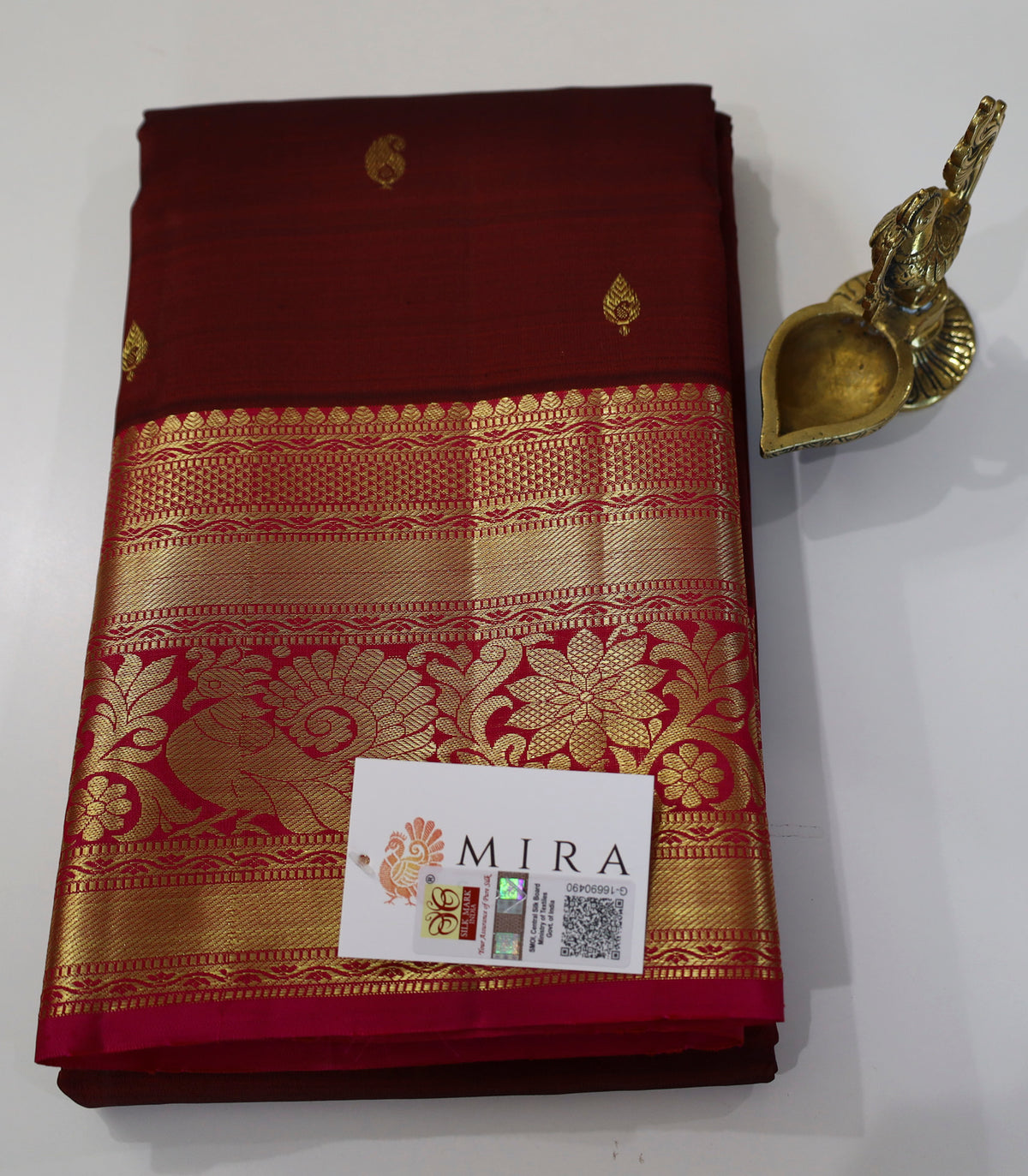Maroon Kanjivaram Saree with Pink and  Golden Zari Border