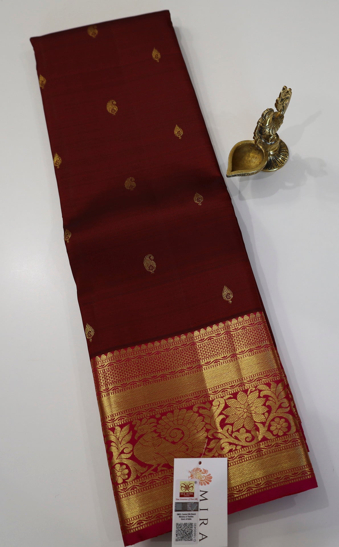 Maroon Kanjivaram Saree with Pink and  Golden Zari Border