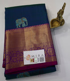 Peacock Blue Kanjivaram Saree with Purple and Golden Zari Border