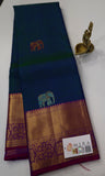 Peacock Blue Kanjivaram Saree with Purple and Golden Zari Border