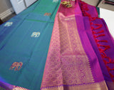Peacock Blue Kanjivaram Saree with Purple and Golden Zari Border