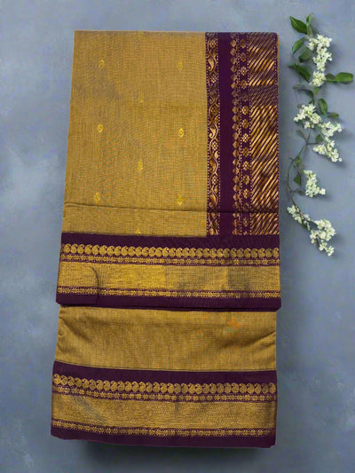 9 Yards Sandal Gold Saree with Purple Border - MIRASILKS 9 Yards Sandal Gold Saree with Purple Border 