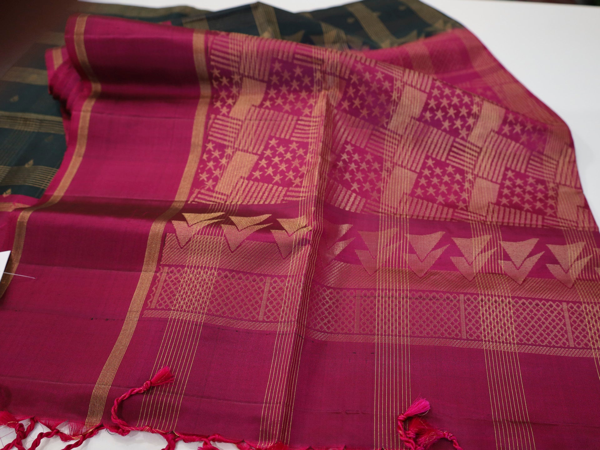 Green color Soft Silk Saree with Pink border