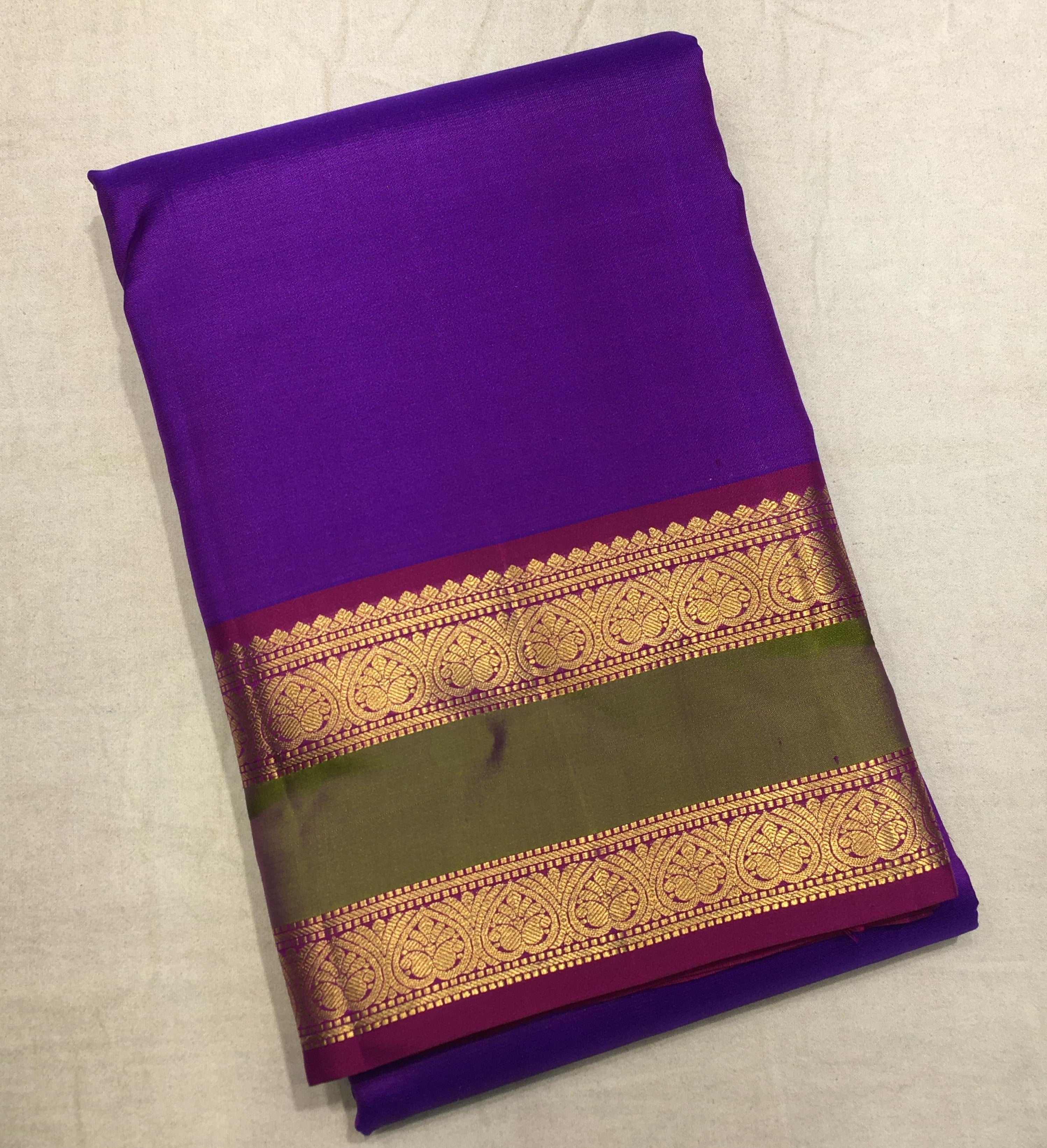 Indigo Kanjivaram Saree with Olive Green & Maroon Border