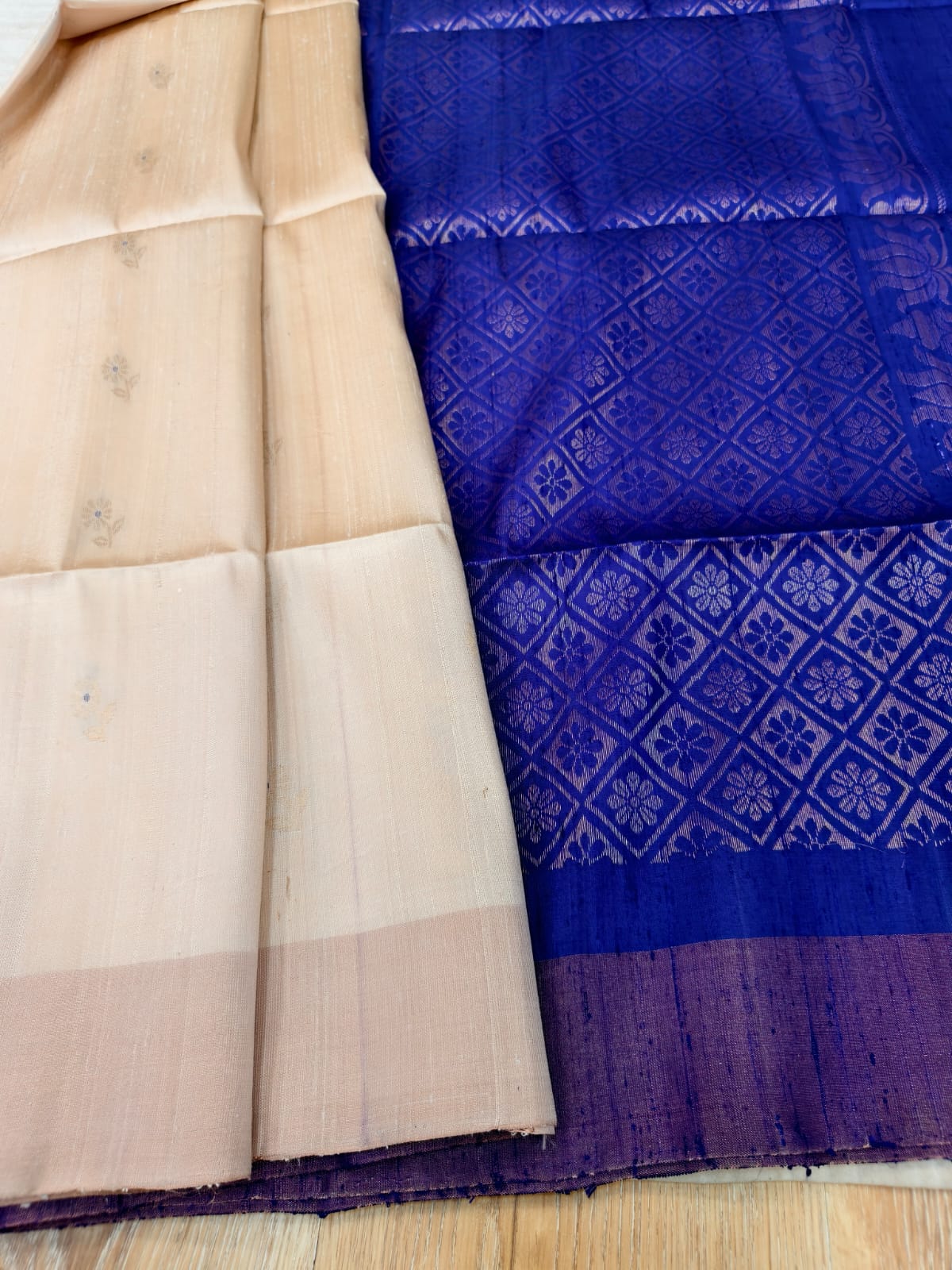 Ivory Soft Silk Saree with Dark Blue Pallu