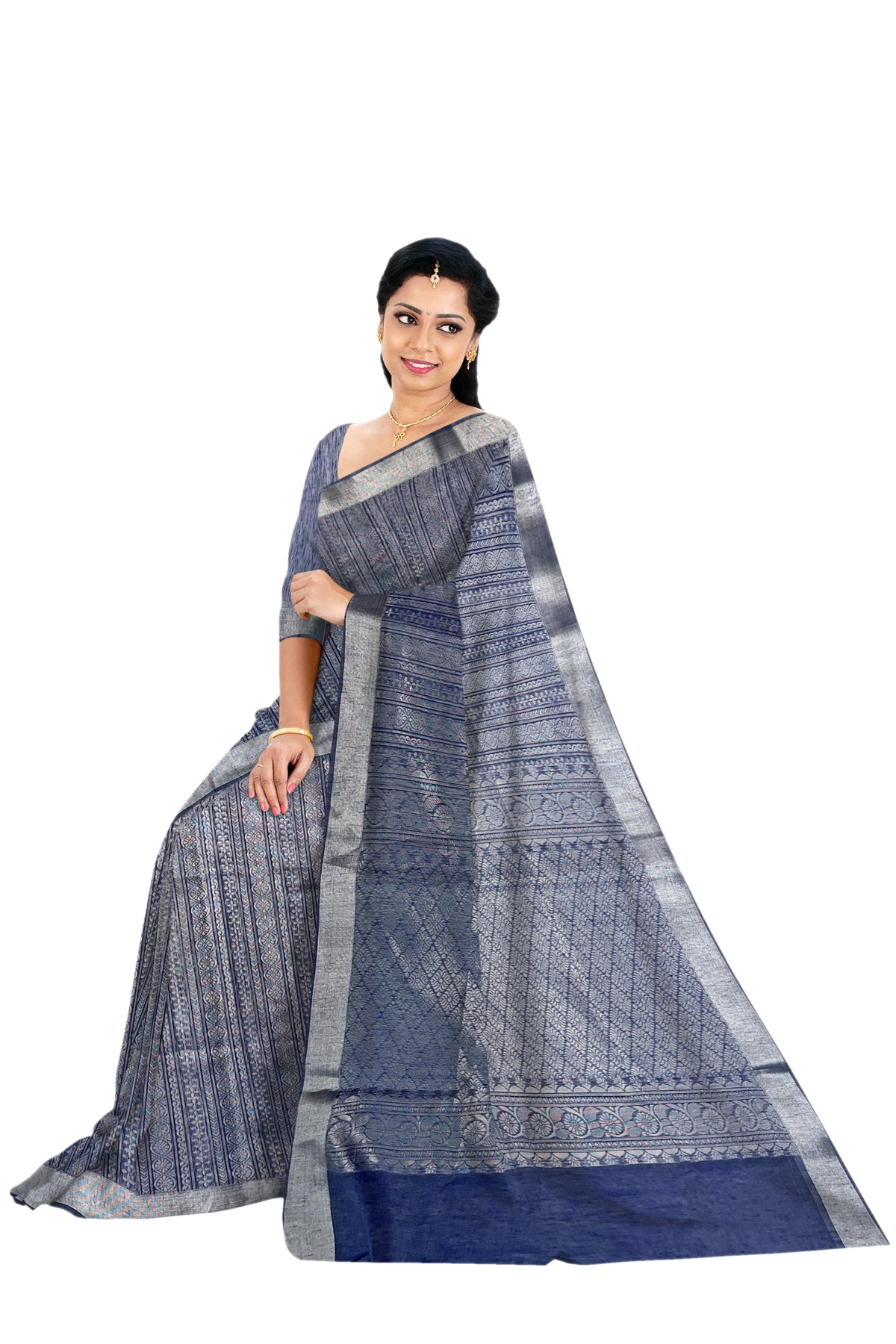 Jeans Blue silk cotton tissue saree - MIRASILKS Jeans Blue silk cotton tissue saree 