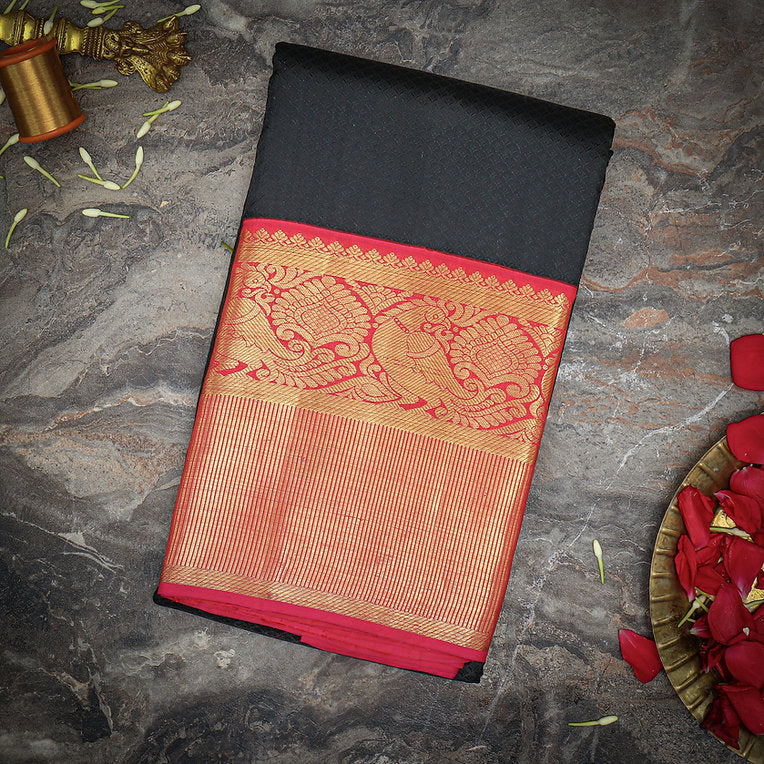 Jet Black Kanjivaram Silk Sari