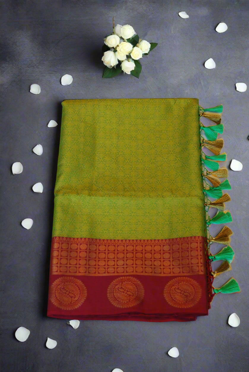 Lemon Green Banarasi Semi Silk Saree with Burgundy Border
