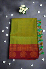 Lemon Green Banarasi Semi Silk Saree with Burgundy Border