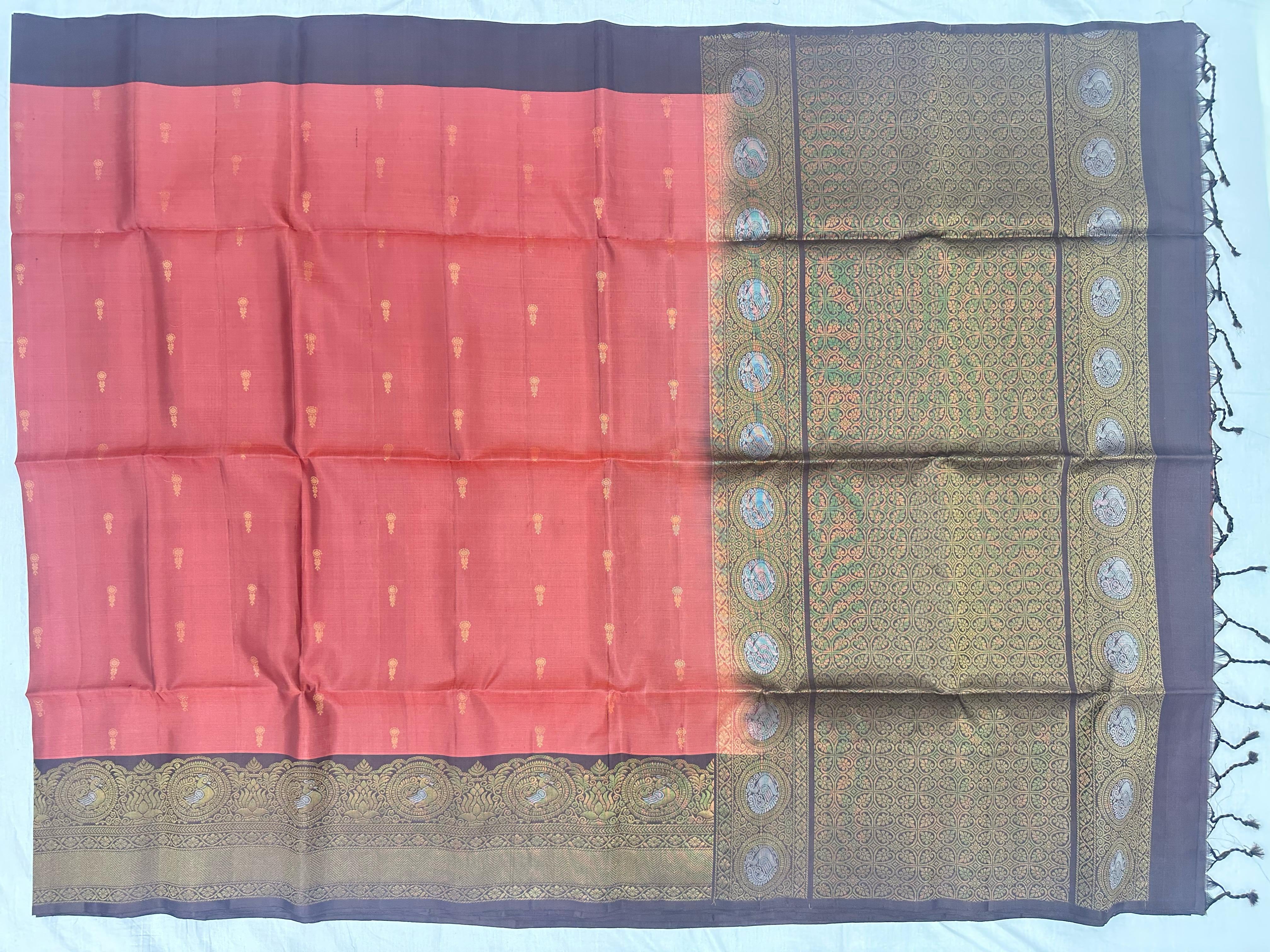 Light Coral Soft Silk Saree With Grey Pallu
