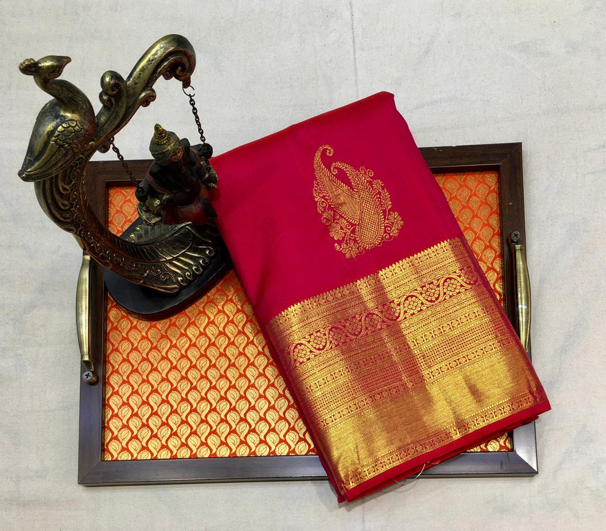 Lipstick Red Kanjivaram Saree With Broad Zari Border