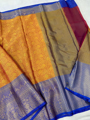 Mango Yellow Banarasi Semi Silk Saree with Blue Blue Border