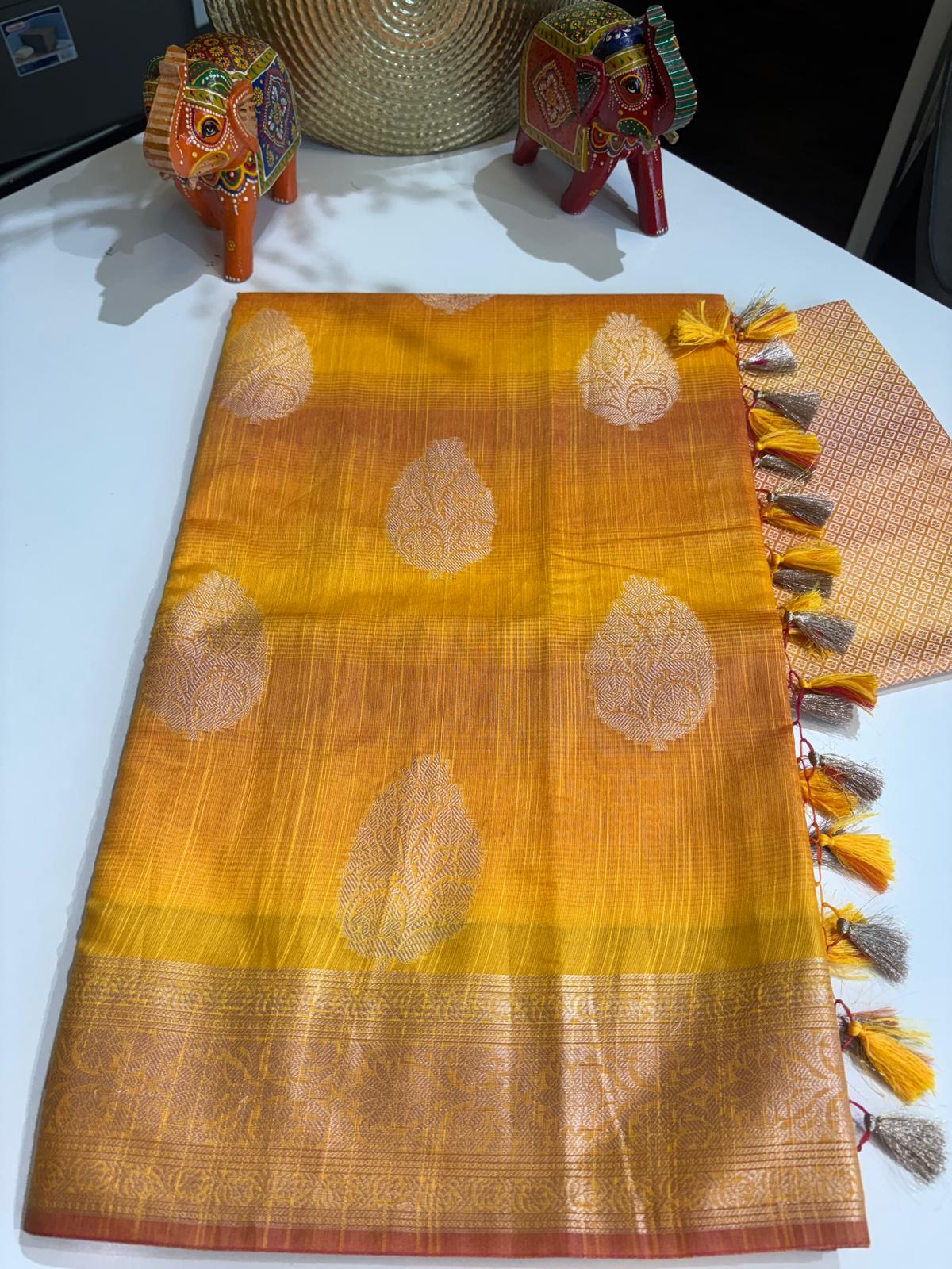 Mango Yellow Dual Shade Banaras Kora Saree with Blouse
