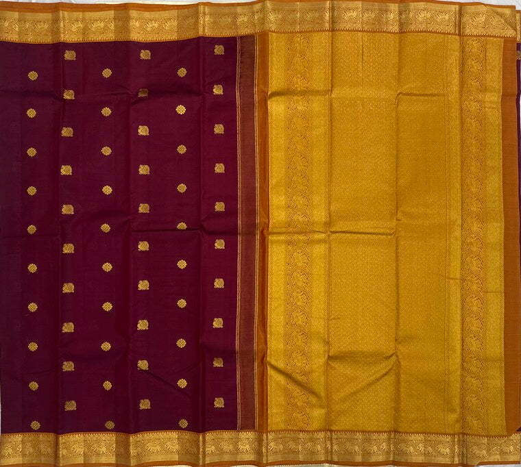 Maroon Kanjivaram Saree with Peacock Motif and Gold Pallu