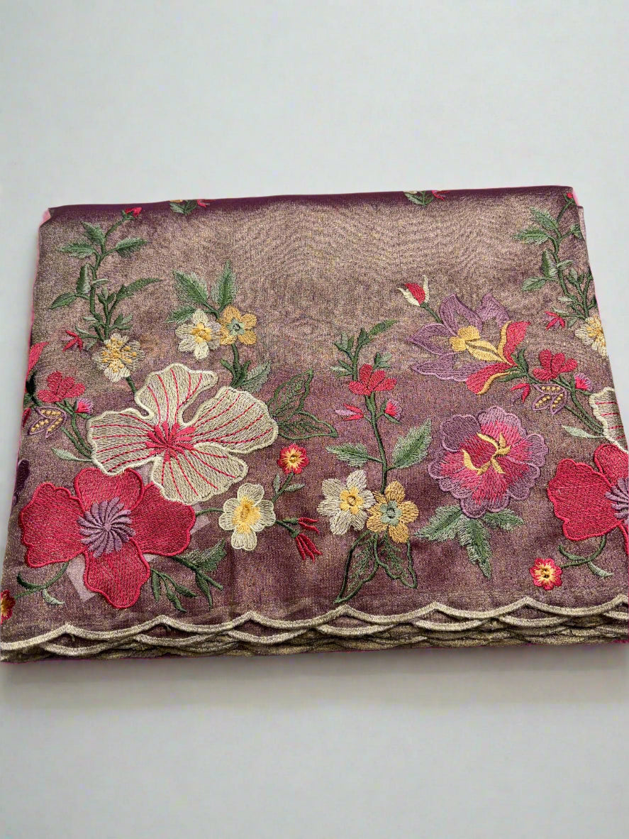 Metallic Rose Gold Tissue Embroidery Saree