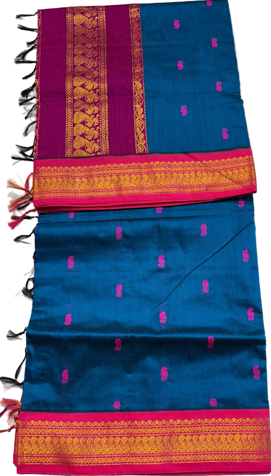 Midnight Blue Silk Cotton Saree with Raspberry Border
