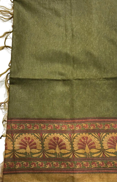 Moss Green Ghicha Tussar Saree With Dark Sand Border